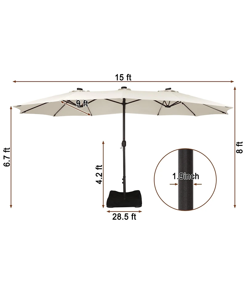 Mondawe 15 ft Solar Led Double Sided Twin Outdoor Patio Market Umbrella with Base Weight Included