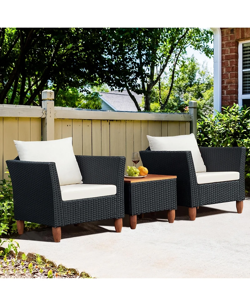 Gymax 3PCS Patio Conversation Furniture Set w/ Wooden Table Top & Feet Cushions