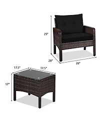 Gymax 3PCS Patio Rattan Conversation Furniture Set Yard Outdoor w/ Cushions Coffee Table