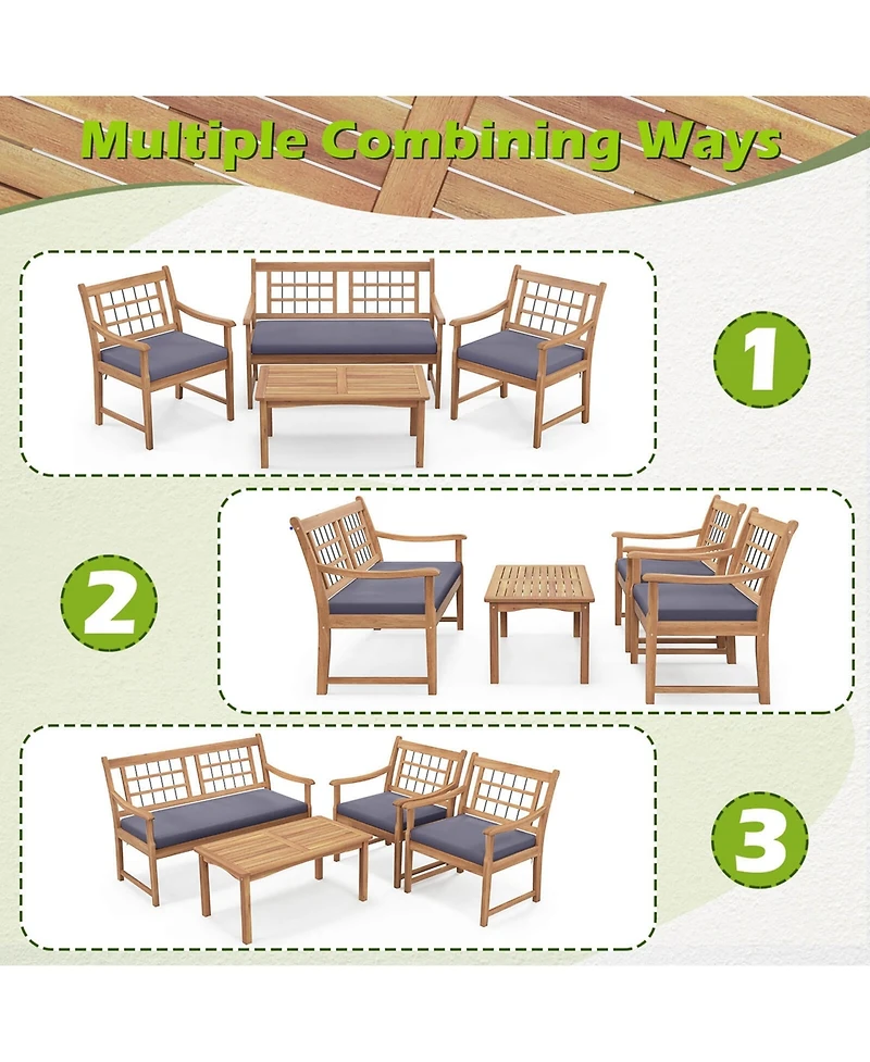 Gymax Set of 4 Wood Furniture w/ Seat Cushions & Solid Acacia Frame Outdoor