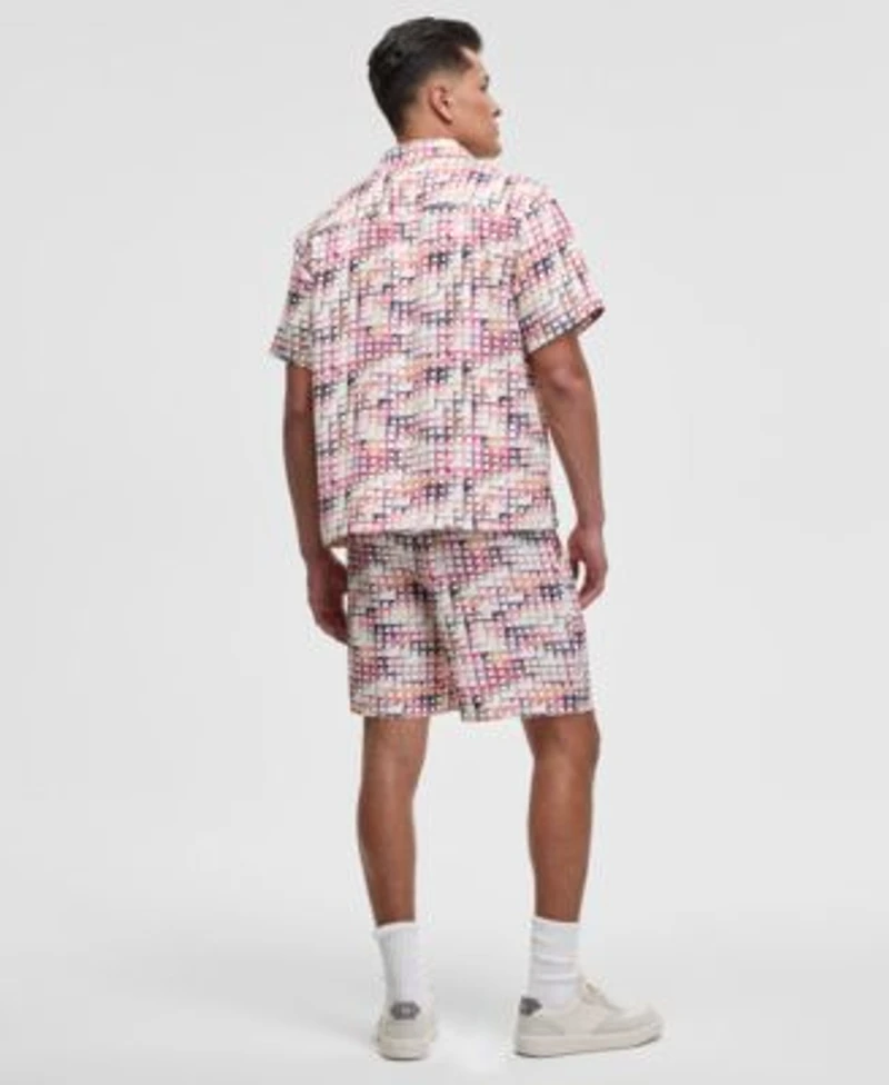 Mode Of One Mens Squared Up Relaxed Fit Geo Print Button Down Shiny Twill Camp Shirt Relaxed Fit Geo Print 6 1 2 Shiny Twill Shorts Exclusively At Macys