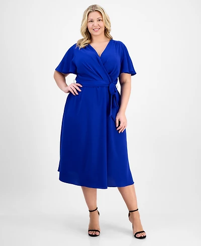 Connected Plus Size Tie-Waist Flutter-Sleeve Midi Dress