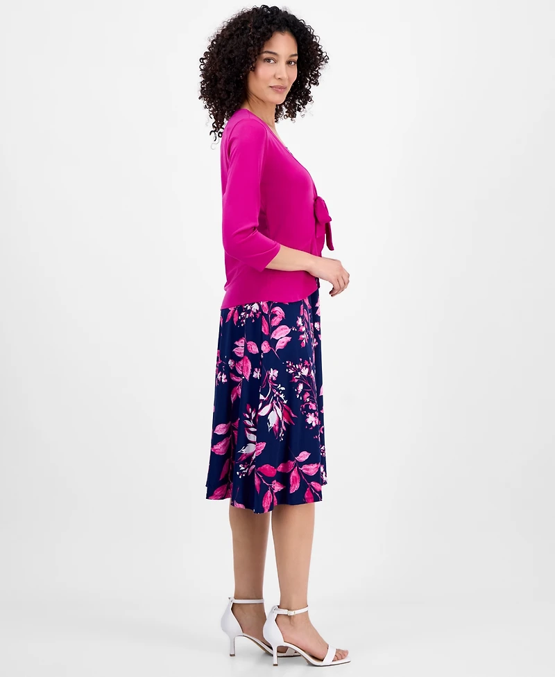Sandra Darren Petite 2.Piece Tie-Front Bolero Jacket & Floral-Print Sleeveless Fit Flare Dress