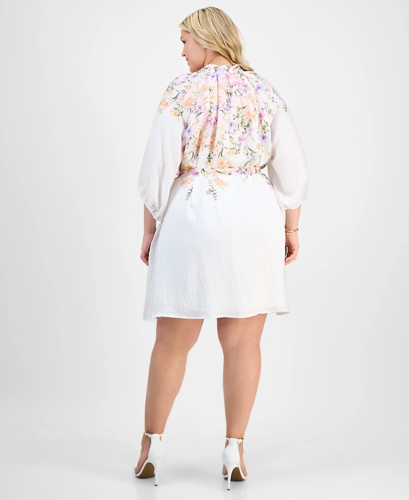 Sandra Darren Plus Placed-Floral Tie-Waist Shift Dress