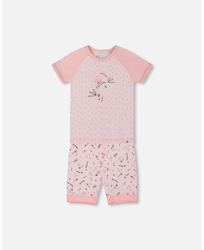 Deux par Deux Big Girls Organic Cotton Two-Piece Short Pajama Set Small Pink Flowers On Pale Pink Background