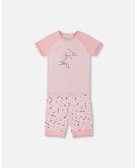 Deux par Deux Big Girls Organic Cotton Two-Piece Short Pajama Set Small Pink Flowers On Pale Pink Background
