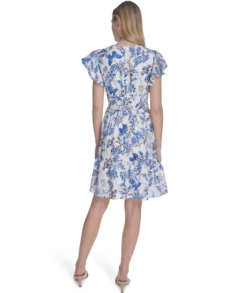 Eliza J Petite Floral Flutter-Sleeve Smocked-Waist Dress