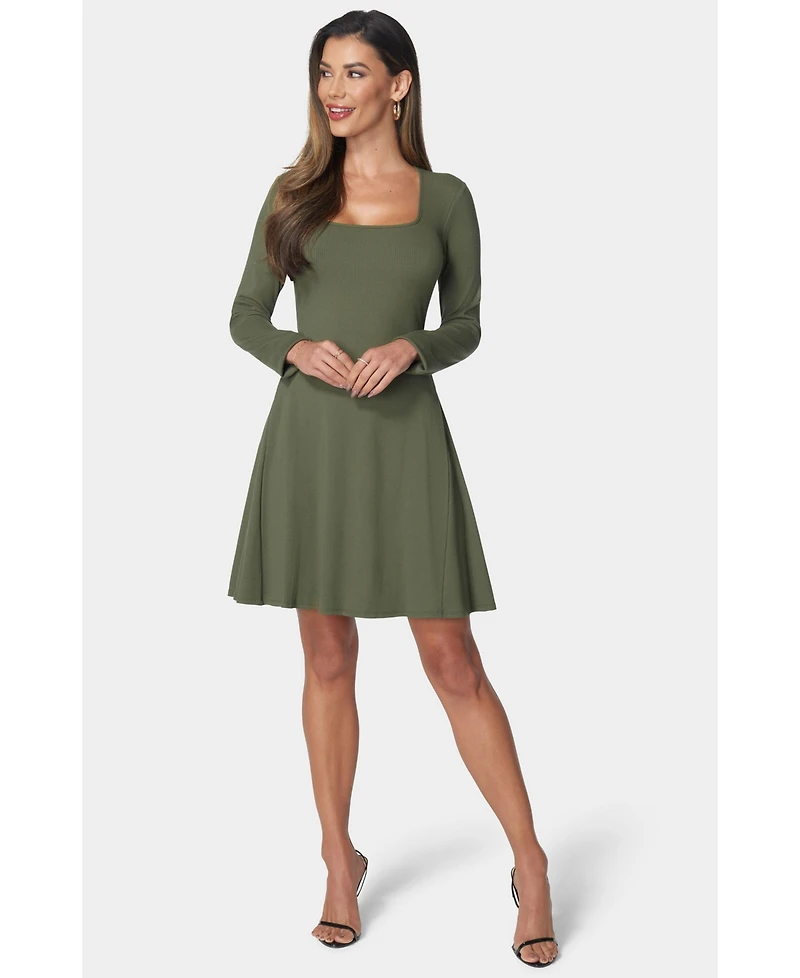Bebe Women's Rib Long Sleeve Godet Dress