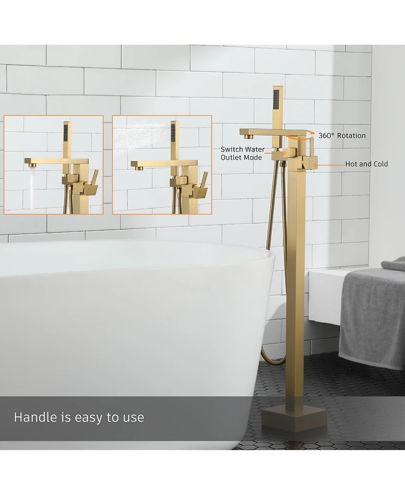 Freestanding Bathtub Faucet Tub Filler Free Standing Floor Mount Brass Bathroom Tub Faucets with 2 Function Hand Shower Wand Swivel, Brushed Gold