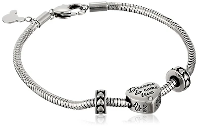 Disney Stainless Steel Heart Bead Charm 2 Stoppers Small and Medium Starter Bracelet, 7.5