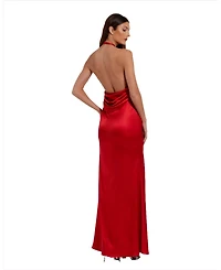 Mac Duggal Women's Fitted Satin Sleeveless Halter Gown With 3D Flower