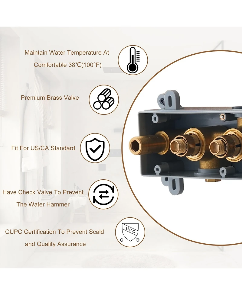 12 Inch Wall Mounted Thermostatic Shower System with Handheld Sprayer Rainfall Shower System with Neck/Back Massage Spout Shampoo Shelf