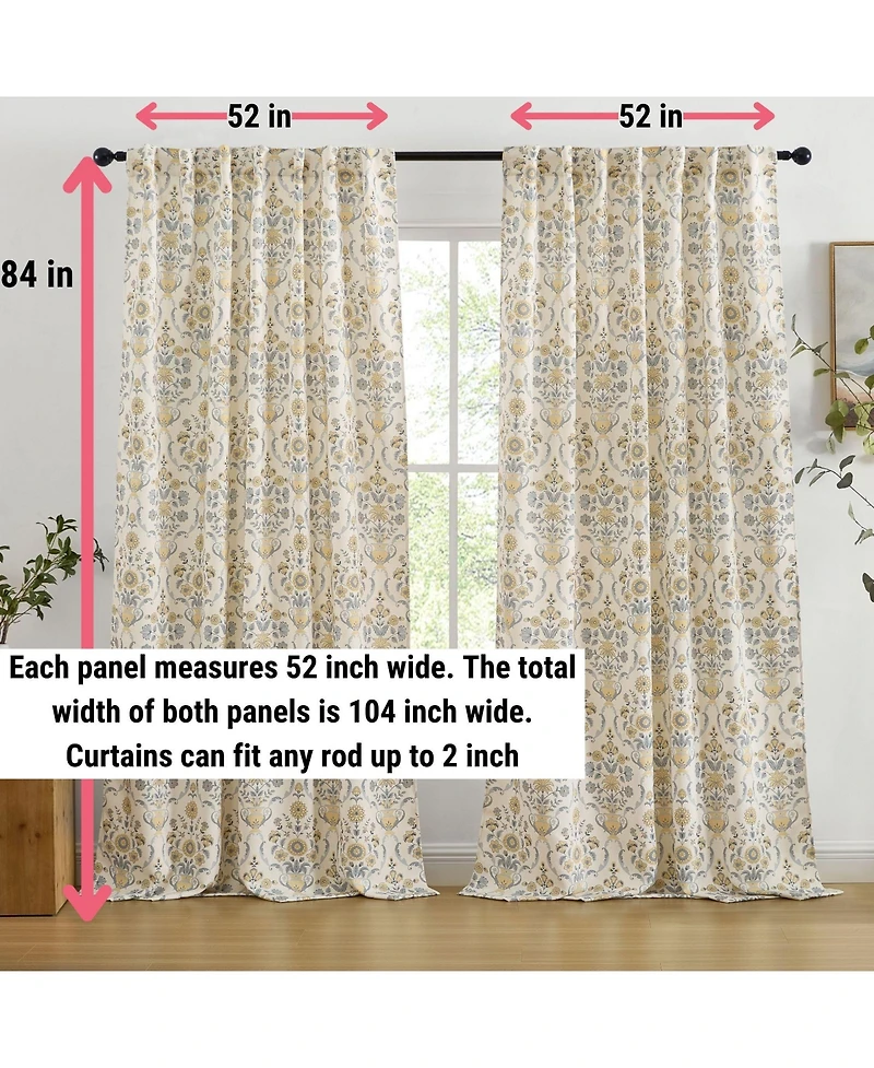 Hlc.me Clara Floral Damask Patterned Window Back Tab Rod Pocket Curtains Bedroom