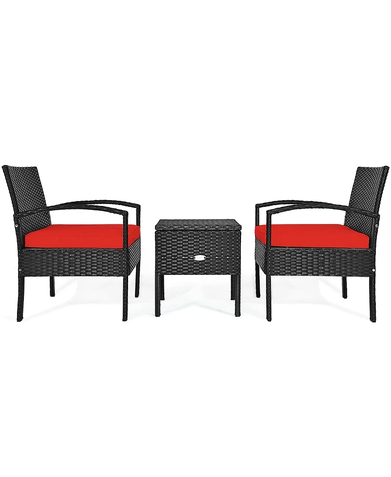 Gymax 3 Piece Outdoor Rattan Conversation Furniture Set w/ Cushion & Storage Table