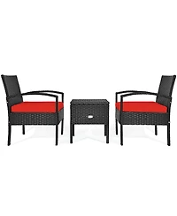 Gymax 3 Piece Outdoor Rattan Conversation Furniture Set w/ Cushion & Storage Table