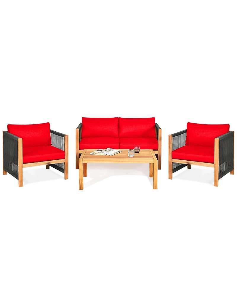 Gymax 8PCS Patio Outdoor Furniture Conversation Set Acacia Wood W/ Cushions