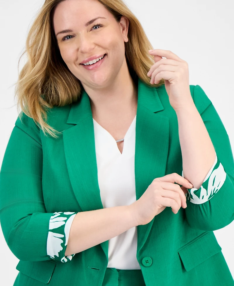 Tahari Asl Plus Printed-Cuff 3/4-Sleeve Linen-Blend Blazer