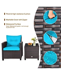 Gymax 3PCS Outdoor Patio Rattan Conversation Set w/ Cushion Coffee Table
