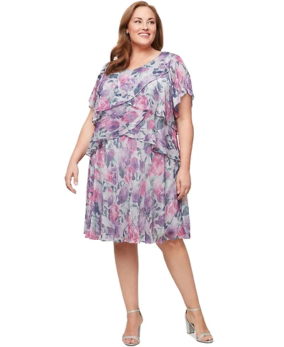Sl Fashions Plus Floral Metallic Tiered Dress