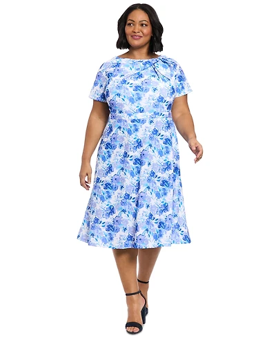 London Times Plus Size Floral-Print Bow Fit & Flare Dress