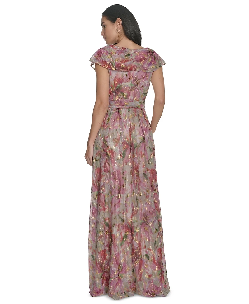 Jessica Howard Women's Metallic Floral-print V-neck Surplice Gown