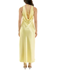 Emerald Sundae Juniors' V-Neck A-Line Satin Midi Dress