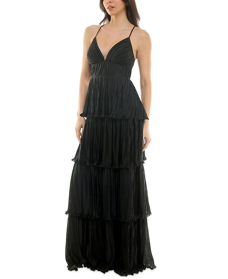 Emerald Sundae Juniors' V-Neck Ruffle-Tiered Sleeveless Gown