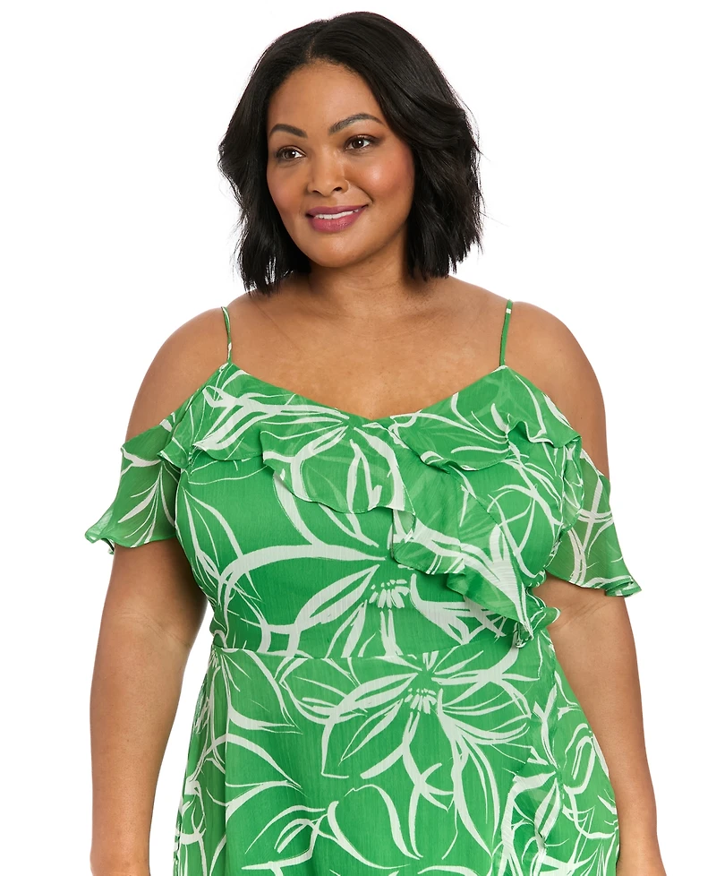London Times Plus Size Printed Cold-Shoulder Ruffle Dress
