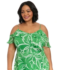 London Times Plus Size Printed Cold-Shoulder Ruffle Dress