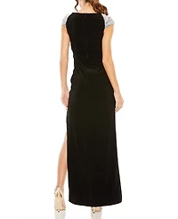 Mac Duggal Women's V Neck Embellished Cap Sleeve Faux Wrap Slit Gown