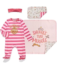 Harry Potter Baby Boys Zip Up Sleep N' Play Bib Blanket and Burp Cloth 4 Piece Outfit Set