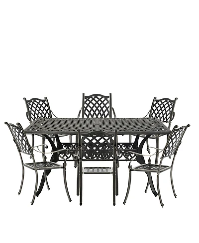 7pcs Cast Aluminium Outdoor Dining Set Patio Dining Set Patio Bistro Set 6 Outdoor Dining Chairs and 59 Inches Rectangular Dining Table for Balcony Po