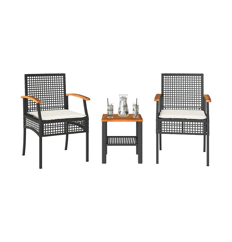 3 Piece Bistro Set with Cushions Poly Rattan Acacia Wood
