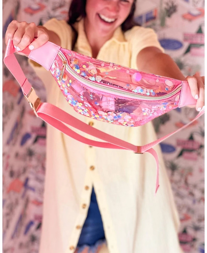 Packed Party Clear Pink Confetti Belt Bag, Fashionable Designer Fanny Pack For Women