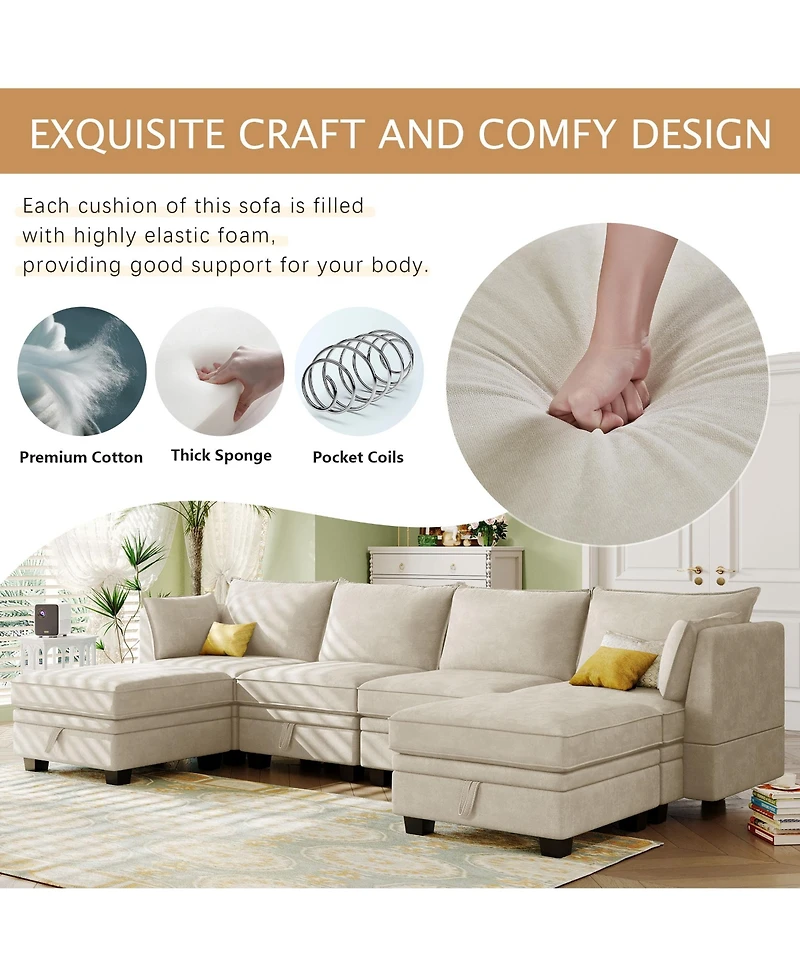 Modern Large U-Shape Modular Sectional Sofa, Convertible Sofa Bed with Reversible Chaise for Living Room, Storage Seat