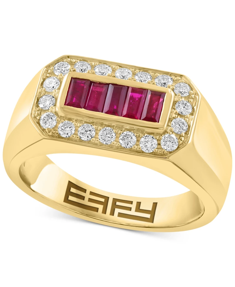 Effy Men's Ruby (5/8 ct. t.w.) Diamond (3/8 ct. t.w.) Baguette Halo Ring in 14k Gold