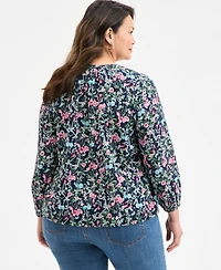 Style & Co Plus Floral-Print Gauze Popover Top, Exclusively at Macy's