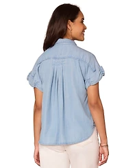 Democracy Petite Ruched-Sleeve Quarter-Button Collared Top