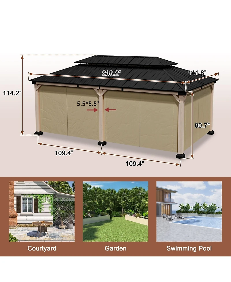 12 x 20 Feet Cedar Solid Wood Frame, Galvanized Steel Double Top Gazebo, Equipped with 4 Waterproof Curtains