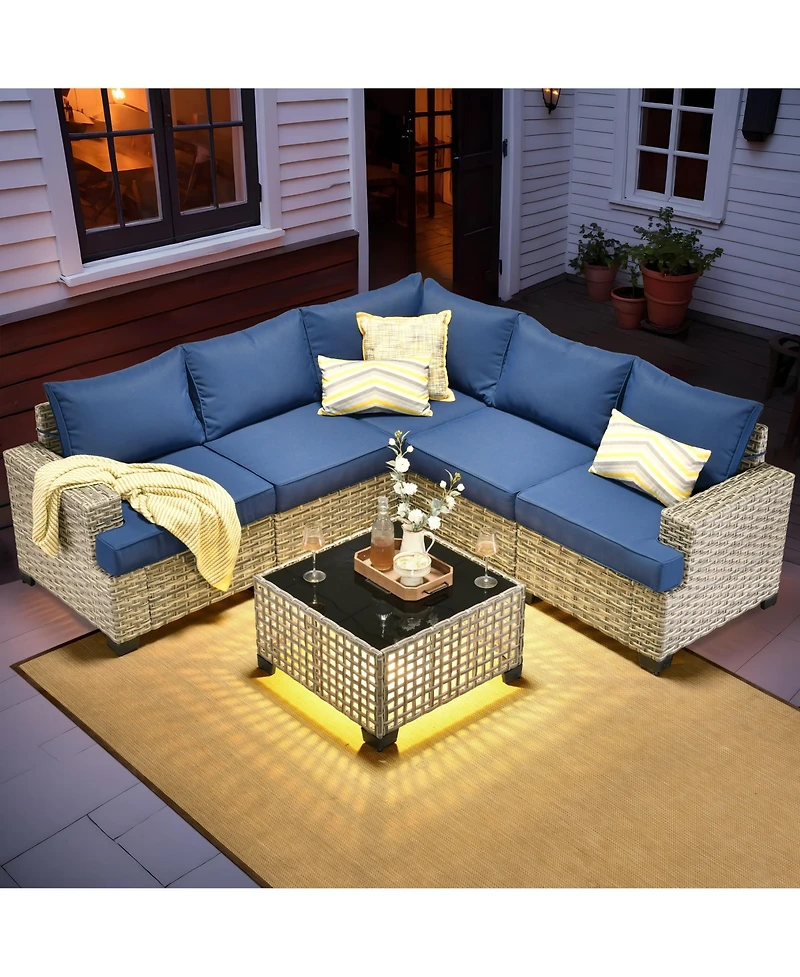 Xizzi Outdoor Patio Furniture Set,6 Pieces Rattan Sectional Set,Outside Coversation Set with Extra Deep Sofa Couch and Solar C