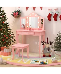 Kid Vanity Table Stool Set with Tri-Folding Mirror and 3-Color Led Lights