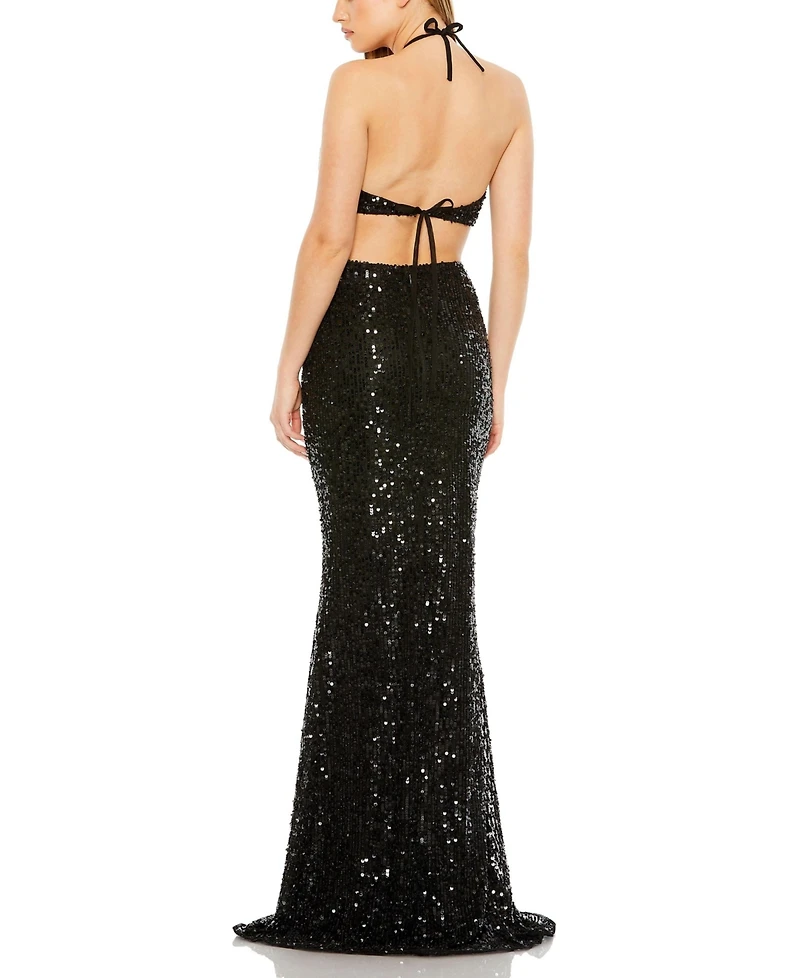 Mac Duggal Women's Cut Out Halter Tie Back Sequin Gown