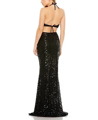 Mac Duggal Women's Cut Out Halter Tie Back Sequin Gown