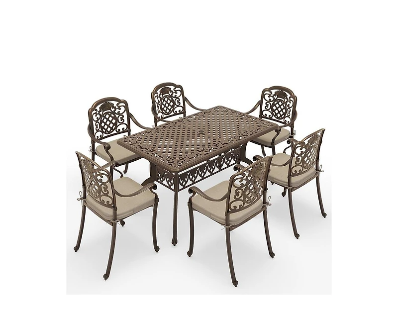 7-Piece Cast Aluminum Outdoor Patio Dining Set with Brown Cushions