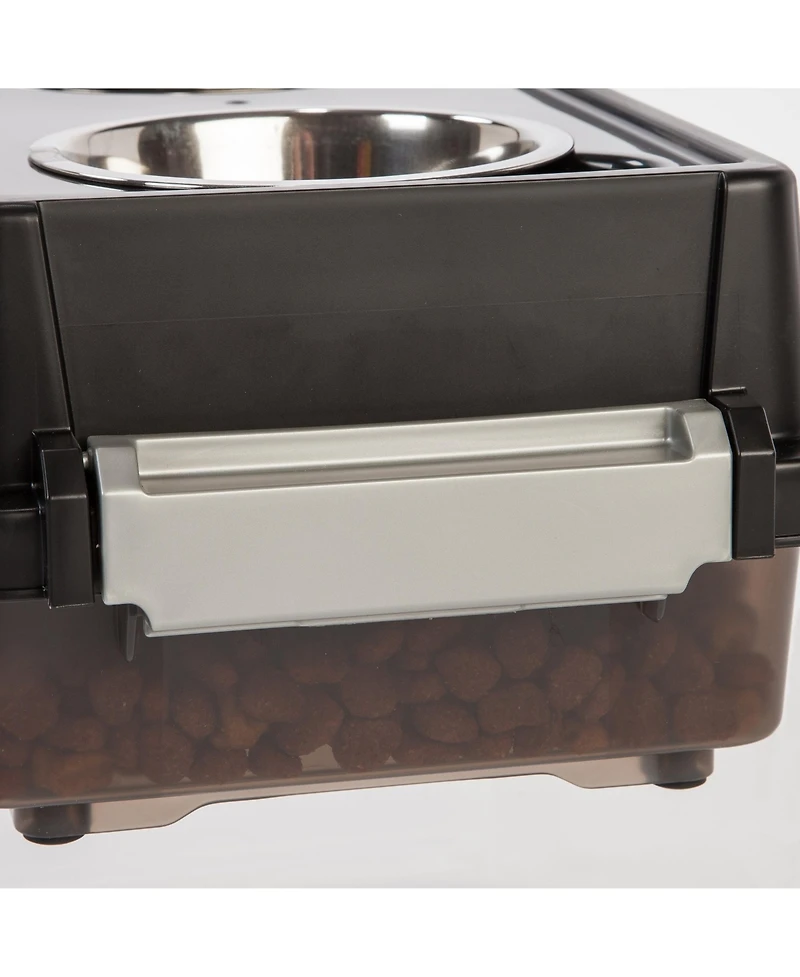 Iris Usa 2-in-1 Elevated Dog Bowls 6" H with Airtight Pet Food Storage Container 5 Lbs, 16 oz Stainless Steel Bowls, Smoke/Black