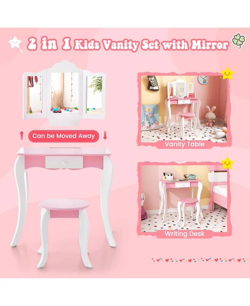 Kid's Wooden Vanity Table and Stool Set with 3-Panel Acrylic Mirror