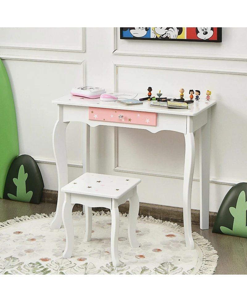 Kids Princess Vanity Table and Stool Set with Tri-folding Mirror and Drawer