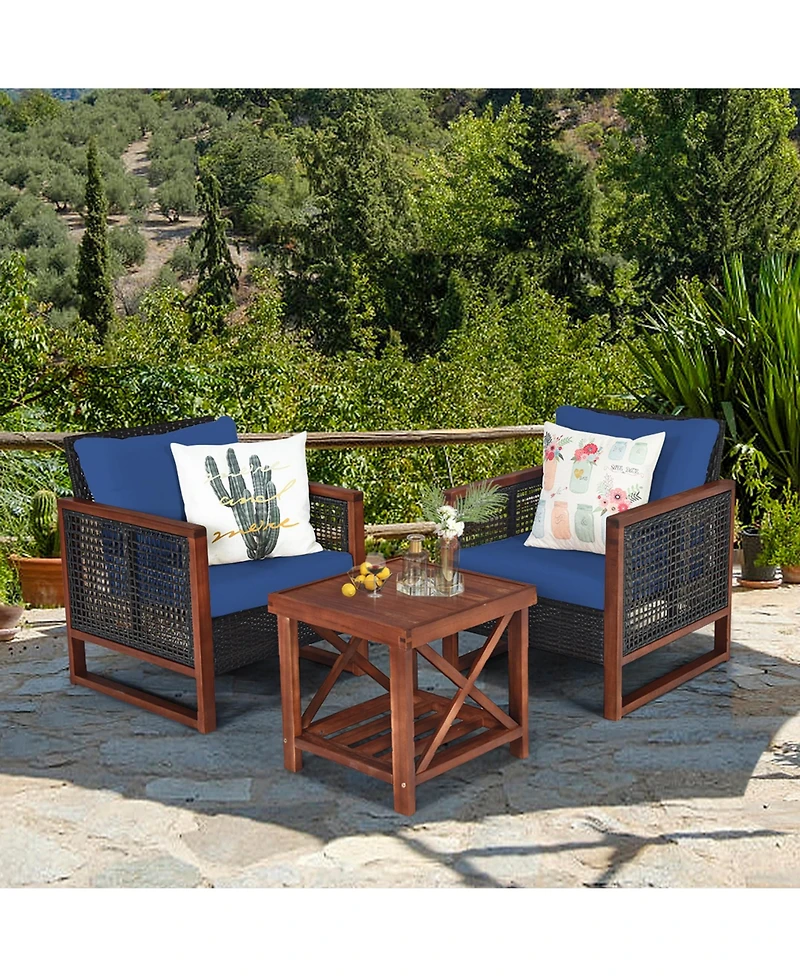 Gymax 3 Piece Outdoor Furniture Set Rattan Wicker Patio Conversation Set w/ Cushion