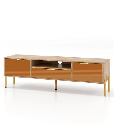 Mirrored Tv Stand for Tv up to 65 Inch with Spacious Tabletop and 2 Storage Cabinets