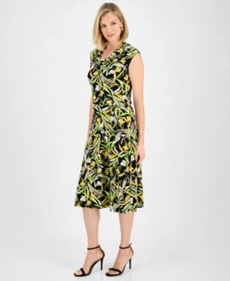 Kasper Womens Printed Cowlneck Top Midi Skirt